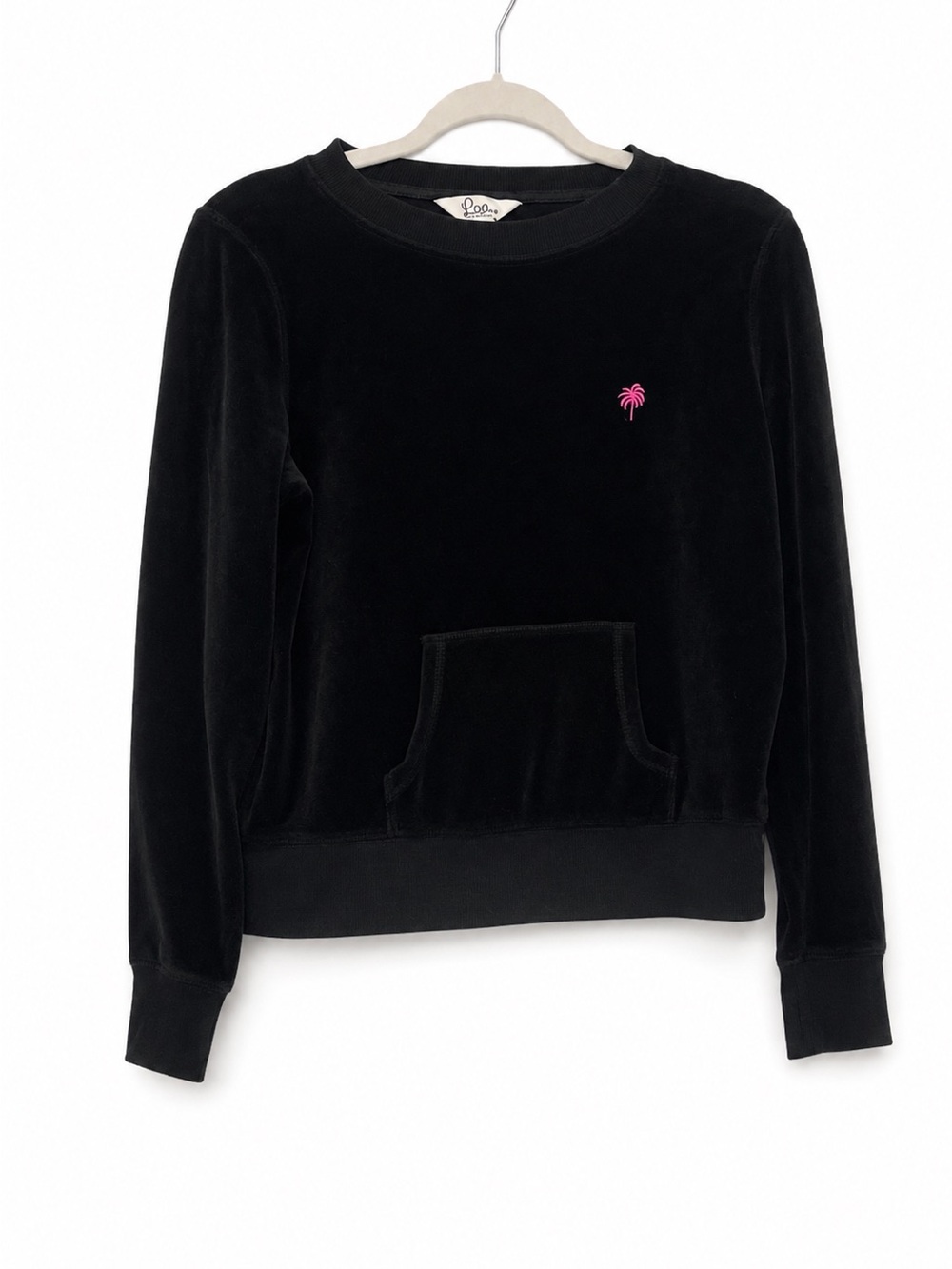 Lilly Pulitzer Black Velvet Crewneck Sweatshirt with Pink Palm Embroidery